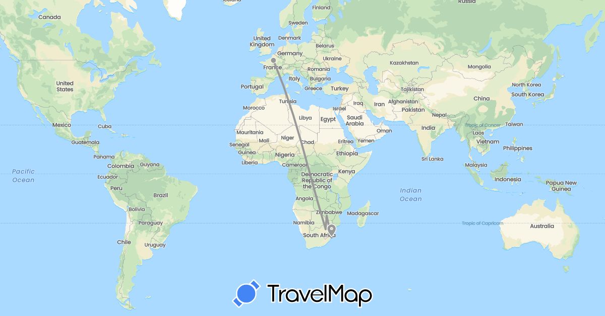 TravelMap itinerary: driving, plane in France, South Africa, Zimbabwe (Africa, Europe)